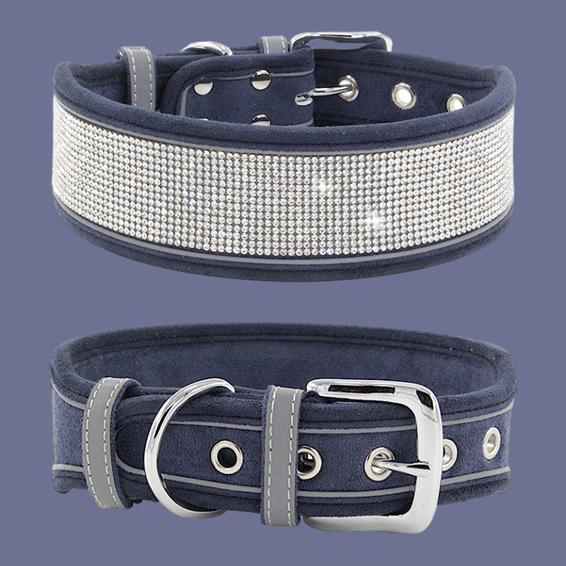 KFX-4343869 Suede Reflective Dog Collar with Comfortable Hand Holding Rope in Multiple Rhinestone Colors