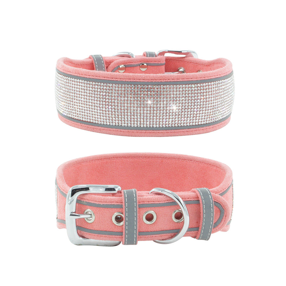 KFX-4343869 Suede Reflective Dog Collar with Comfortable Hand Holding Rope in Multiple Rhinestone Colors