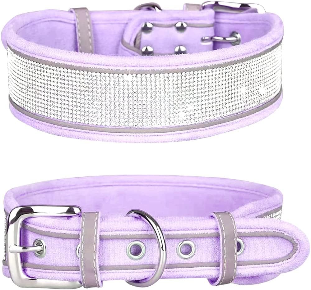 KFX-4343869 Suede Reflective Dog Collar with Comfortable Hand Holding Rope in Multiple Rhinestone Colors