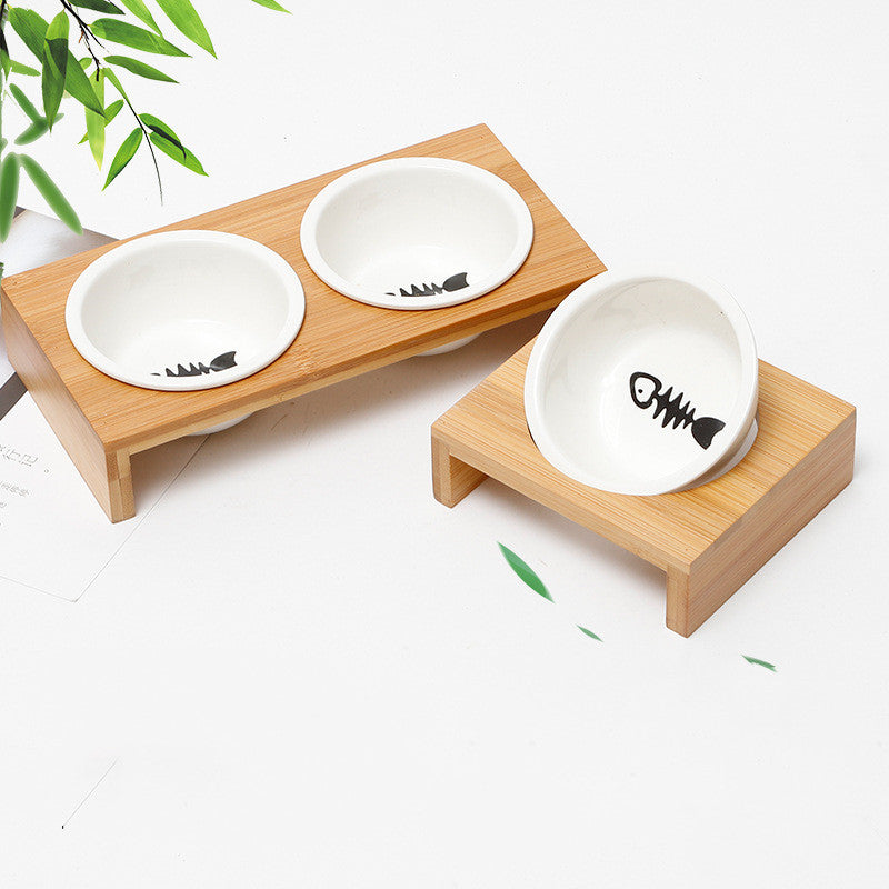 KFX-4347837 Bamboo and Wood Ceramic Cat Bowl - American Style Double and Single Options