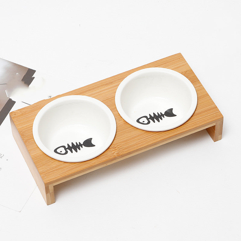 KFX-4347837 Bamboo and Wood Ceramic Cat Bowl - American Style Double and Single Options