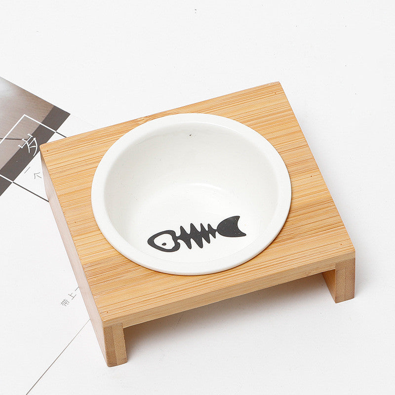 KFX-4347837 Bamboo and Wood Ceramic Cat Bowl - American Style Double and Single Options