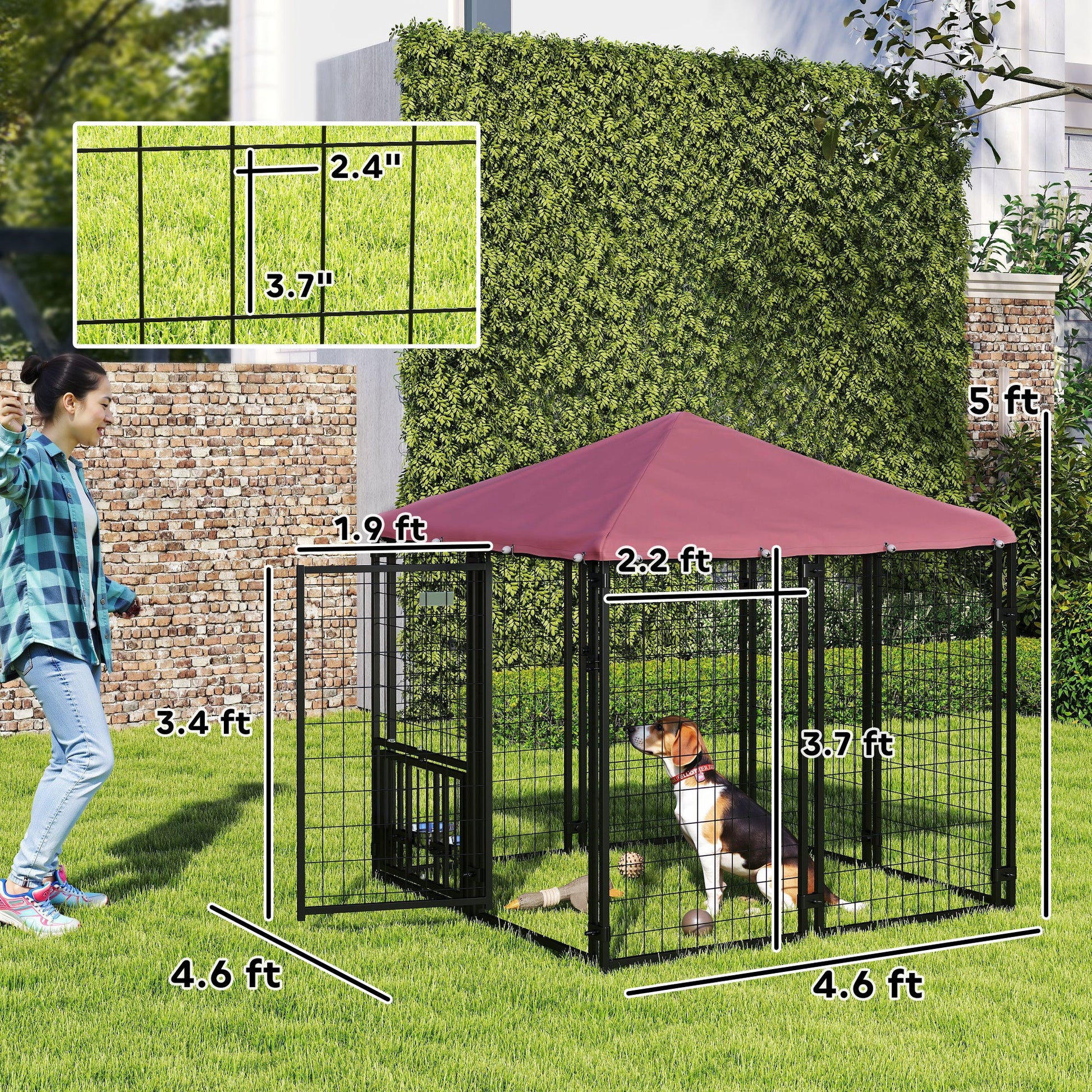KFX-4351293 Spacious Welded Wire Outdoor Dog Kennel with Adjustable Bowl Racks and Waterproof Cover, 4.6' x 4.6' x 5'