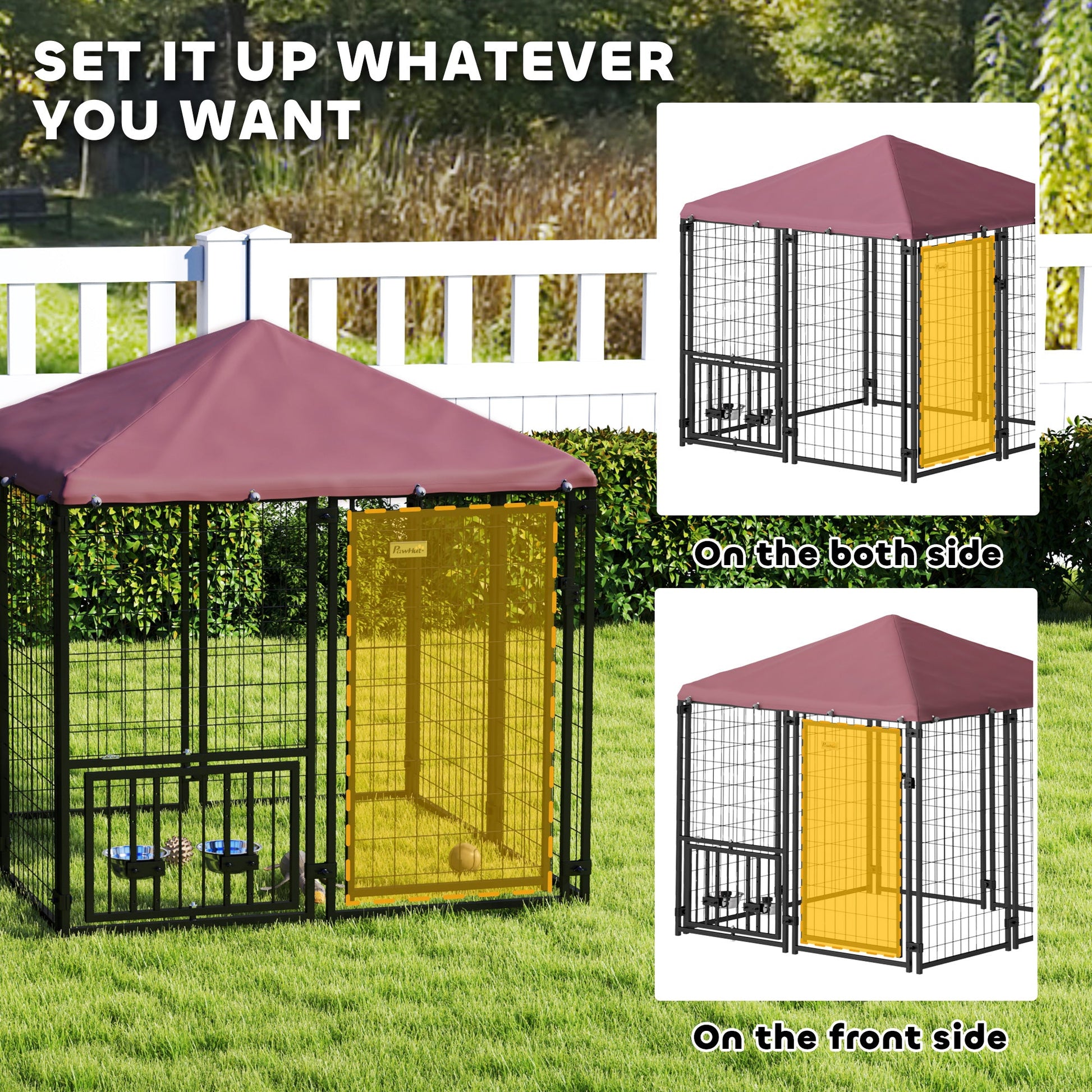 KFX-4351293 Spacious Welded Wire Outdoor Dog Kennel with Adjustable Bowl Racks and Waterproof Cover, 4.6' x 4.6' x 5'