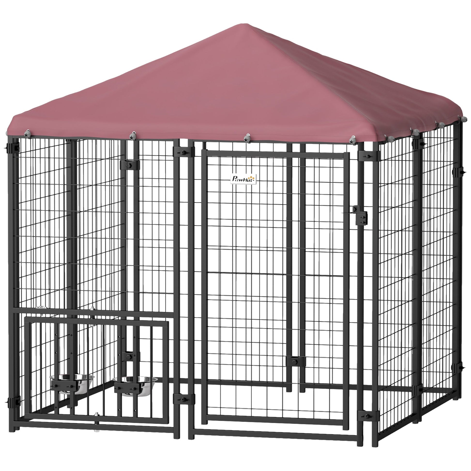 KFX-4351293 Spacious Welded Wire Outdoor Dog Kennel with Adjustable Bowl Racks and Waterproof Cover, 4.6' x 4.6' x 5'