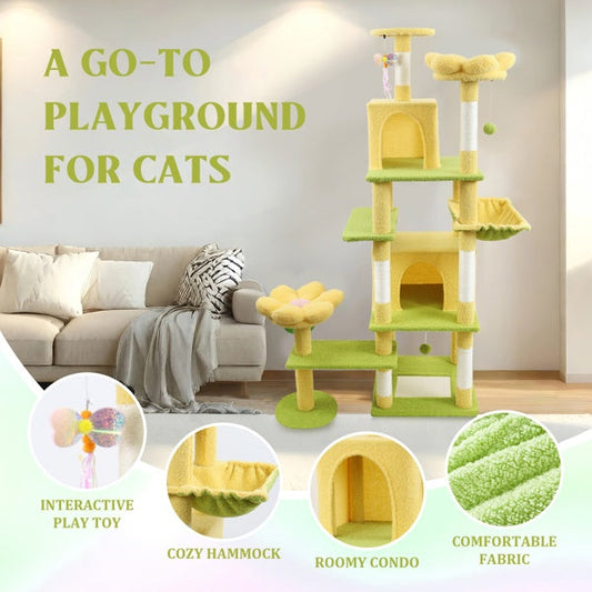 KFX-4356669 71 Inch Cat Tree with Large Condo, Removable Flower Cushions, and Hammock - Yellow