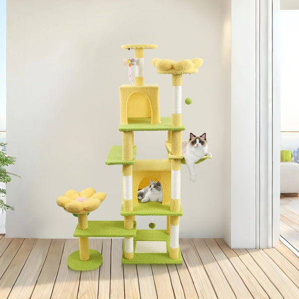 KFX-4356669 71 Inch Cat Tree with Large Condo, Removable Flower Cushions, and Hammock - Yellow