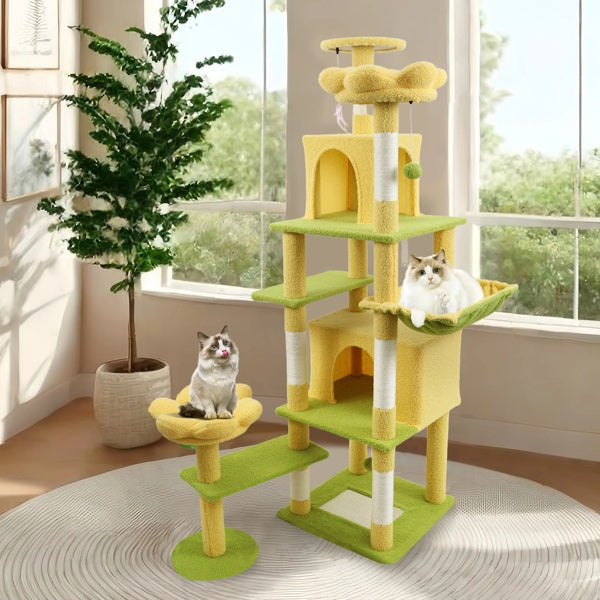 KFX-4356669 71 Inch Cat Tree with Large Condo, Removable Flower Cushions, and Hammock - Yellow