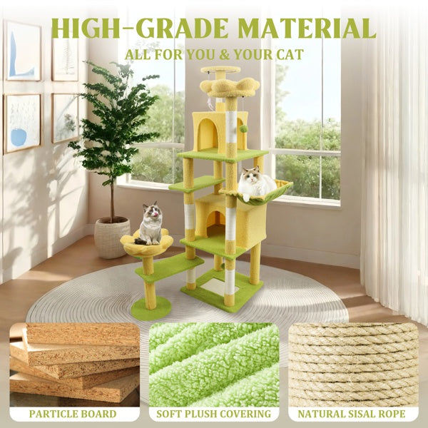 KFX-4356669 71 Inch Cat Tree with Large Condo, Removable Flower Cushions, and Hammock - Yellow