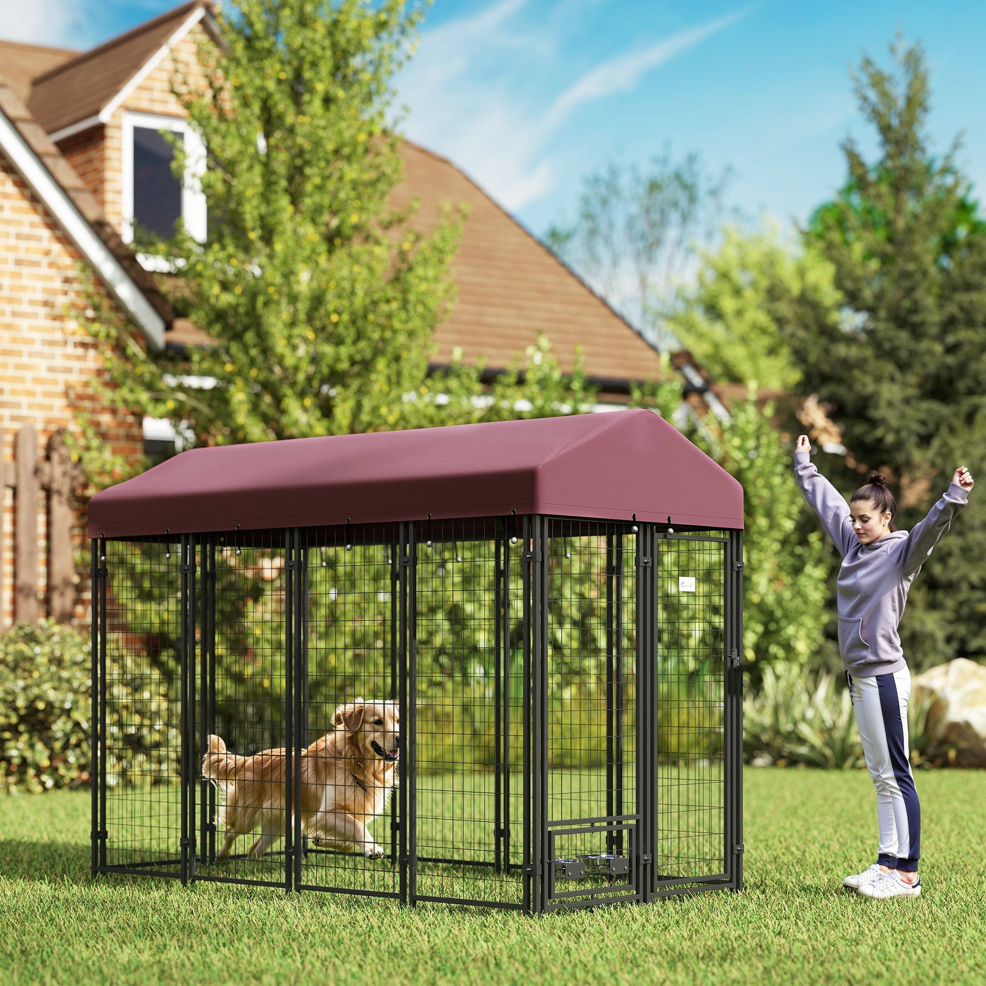 KFX-4357053 Spacious Outdoor Dog Kennel with Rotating Bowl Holders and Waterproof Cover, 8' x 4' x 6', Red