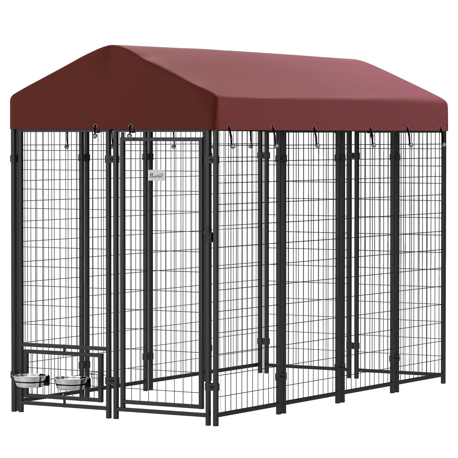 KFX-4357053 Spacious Outdoor Dog Kennel with Rotating Bowl Holders and Waterproof Cover, 8' x 4' x 6', Red