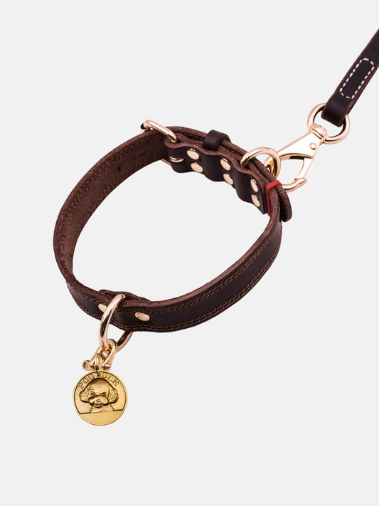 KFX-4361149 Leather Dog Collar for Medium and Large Dogs - Cowhide in Dark Brown, Black, or Wine Red