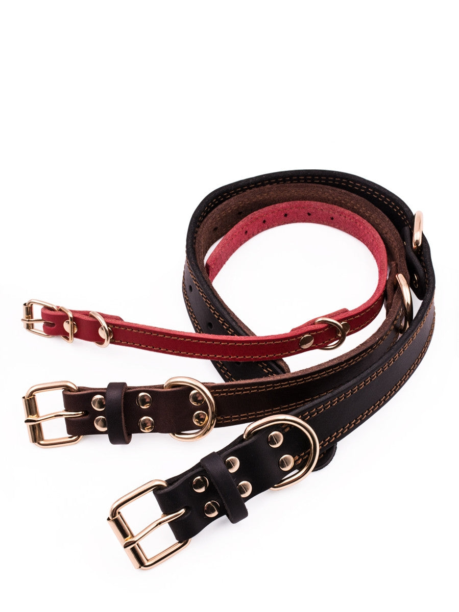 KFX-4361149 Leather Dog Collar for Medium and Large Dogs - Cowhide in Dark Brown, Black, or Wine Red