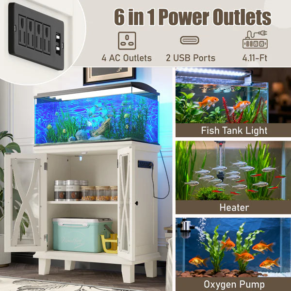 KFX-4362429 20 Gallon Aquarium Stand with Power Outlets, Adjustable Shelves, Beige Finish, Ideal for Reptile Tanks and Storage