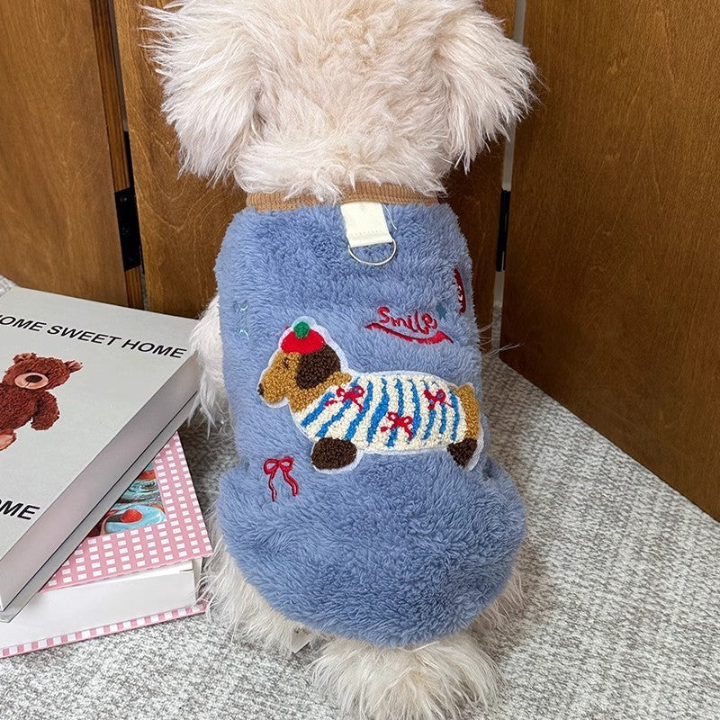 KFX-4363709 Dog Warm Embroidered Casual Traction Top in Blue, Pink, and White - Sizes S to XL