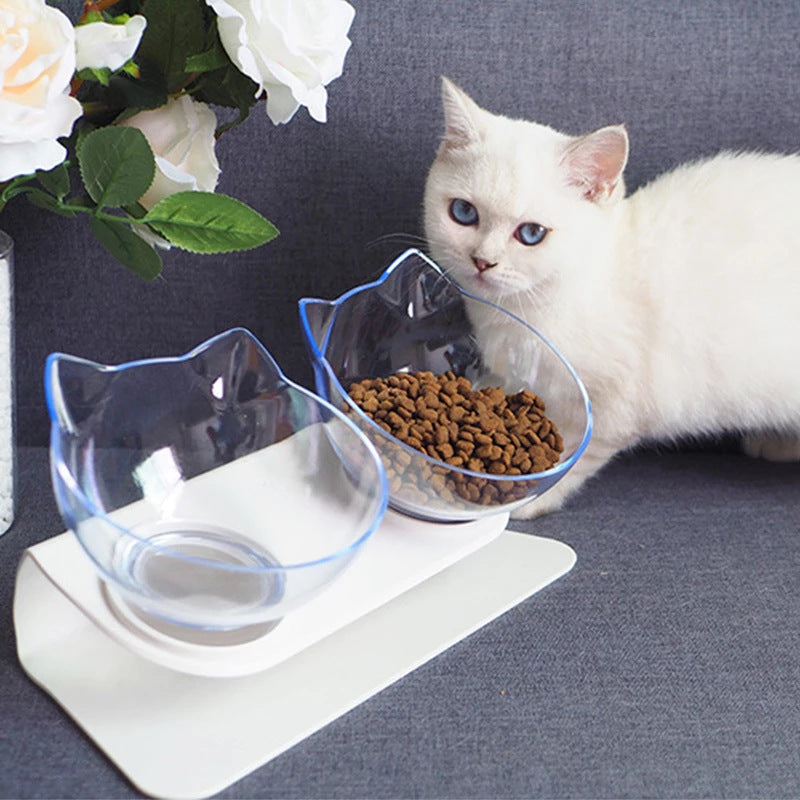 KFX-4365117 Transparent Double Pet Bowl with Oblique Mouth and Neck Guard - Non-Ceramic Design