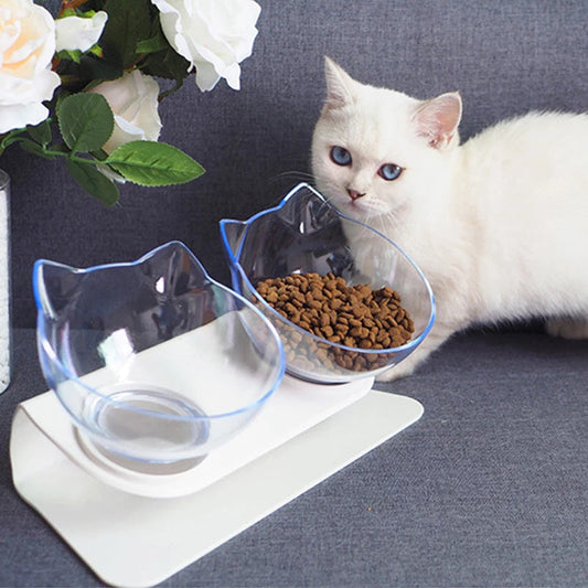 KFX-4365117 Transparent Double Pet Bowl with Oblique Mouth and Neck Guard - Non-Ceramic Design