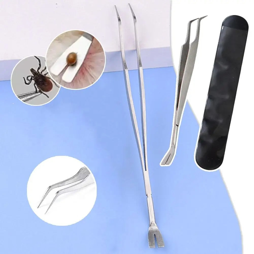KFX-4370365 Stainless Steel Tick Removal Tweezers for Dogs and Cats with Black PVC Bag