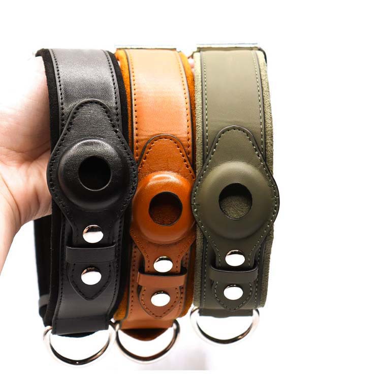 KFX-4370877 Leather Dog Collar with Location Tracker - Black, Army Green, Orange, Sizes S to L