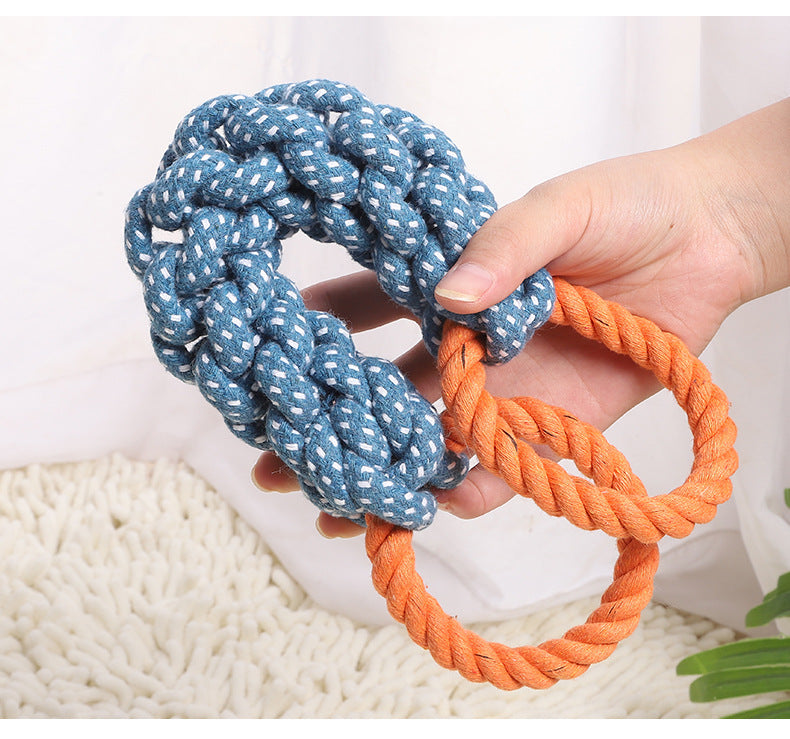 KFX-4372157 Durable Double-Ring Cotton Knot Chew Toy for Dogs - Tooth Cleaning Braided Rope Teething Toy