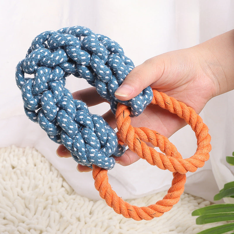 KFX-4372157 Durable Double-Ring Cotton Knot Chew Toy for Dogs - Tooth Cleaning Braided Rope Teething Toy