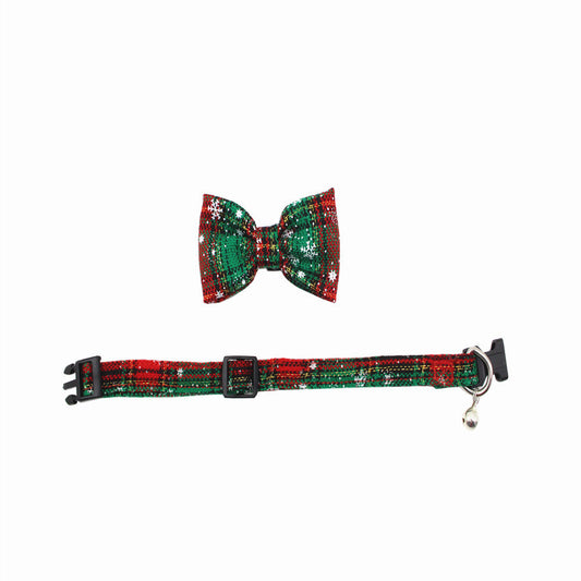 KFX-4382397 Soft Velvet Adjustable Dog and Cat Collar with Bowknot & Bell, Christmas Snowflake Design, Multiple Sizes Available