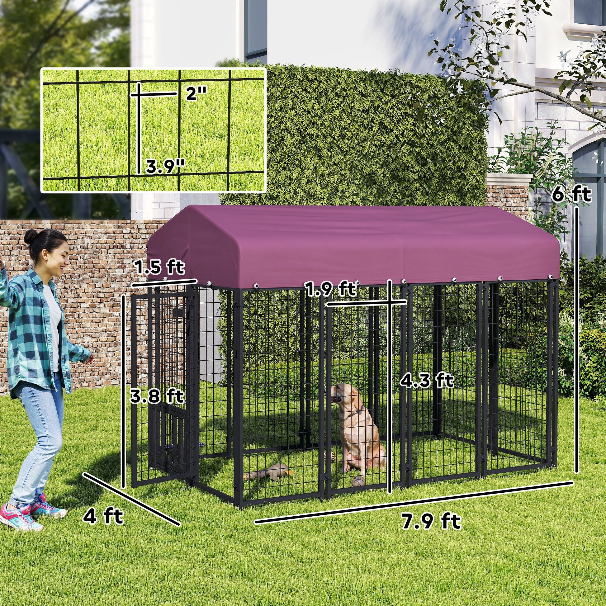 KFX-4384061 Spacious Outdoor Dog Kennel with Adjustable Feeding Bowls and Waterproof Cover, 7.9' x 4' x 6'