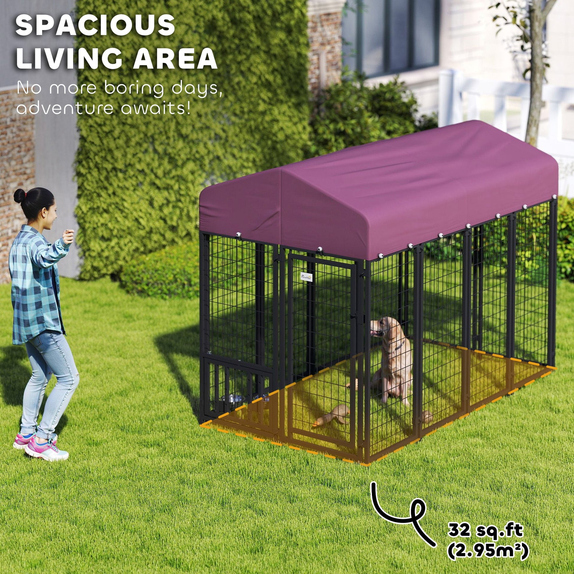 KFX-4384061 Spacious Outdoor Dog Kennel with Adjustable Feeding Bowls and Waterproof Cover, 7.9' x 4' x 6'