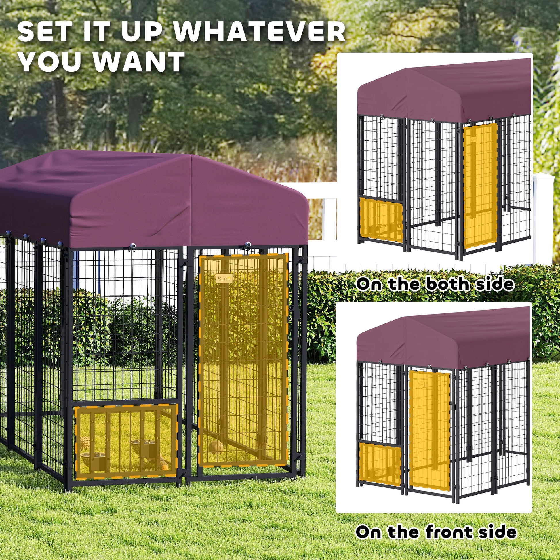 KFX-4384061 Spacious Outdoor Dog Kennel with Adjustable Feeding Bowls and Waterproof Cover, 7.9' x 4' x 6'