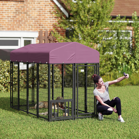 KFX-4384061 Spacious Outdoor Dog Kennel with Adjustable Feeding Bowls and Waterproof Cover, 7.9' x 4' x 6'