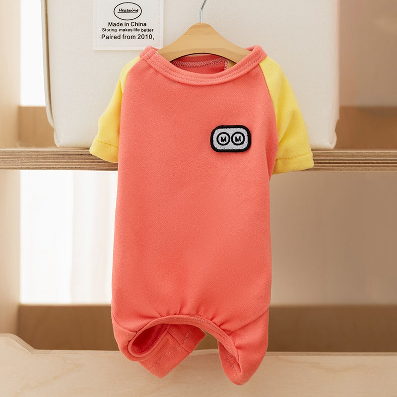 KFX-4384957 Cozy Fleece Pet Jumpsuits for Small Dogs and Cats - Cute Cartoon Patch Design