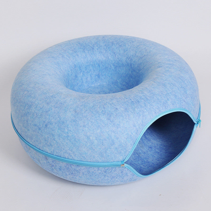 KFX-4385469 Dual-Use Round Woolen Felt Cat Nest and Tunnel - Removable & Washable Interactive Training Toy in Grey