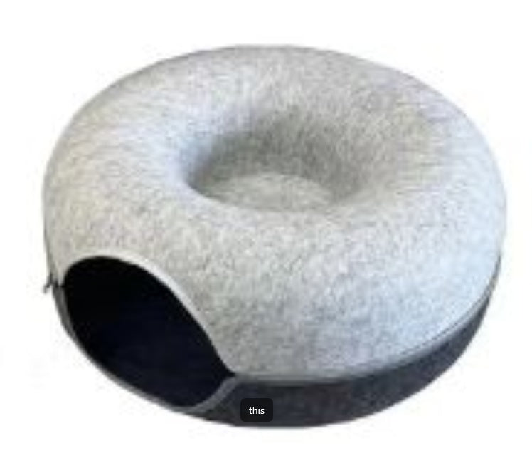 KFX-4385469 Dual-Use Round Woolen Felt Cat Nest and Tunnel - Removable & Washable Interactive Training Toy in Grey