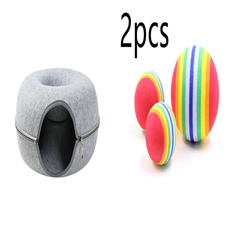 KFX-4385469 Dual-Use Round Woolen Felt Cat Nest and Tunnel - Removable & Washable Interactive Training Toy in Grey