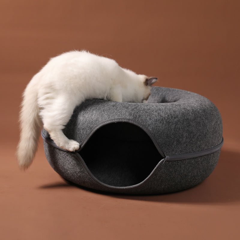 KFX-4385469 Dual-Use Round Woolen Felt Cat Nest and Tunnel - Removable & Washable Interactive Training Toy in Grey