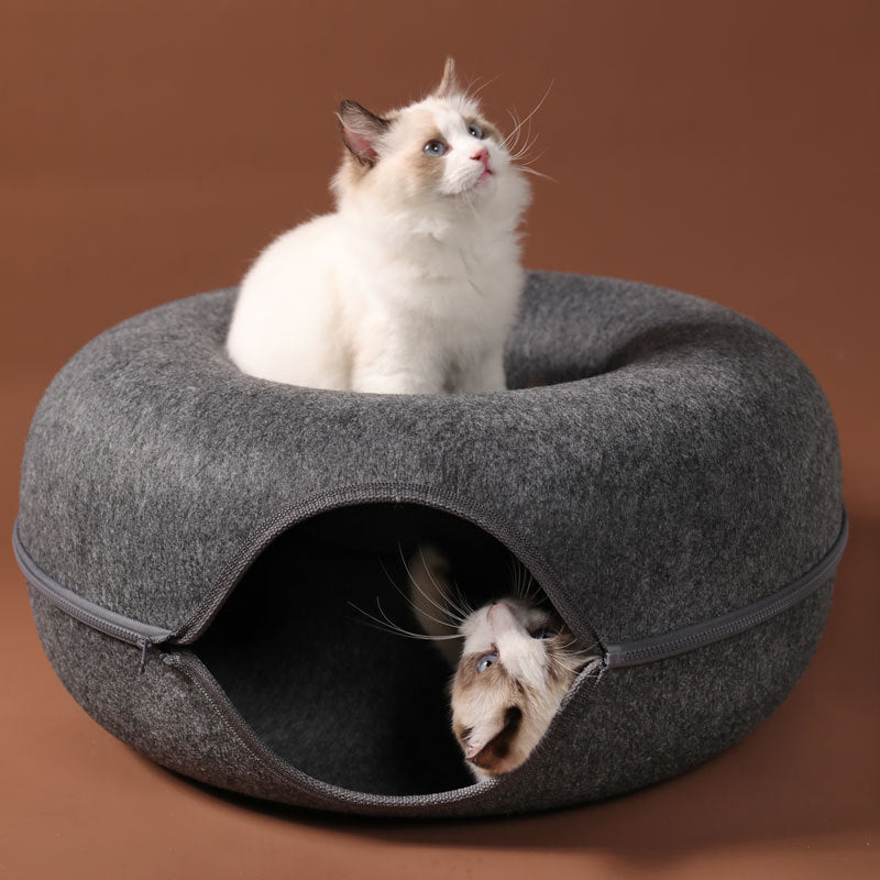 KFX-4385469 Dual-Use Round Woolen Felt Cat Nest and Tunnel - Removable & Washable Interactive Training Toy in Grey