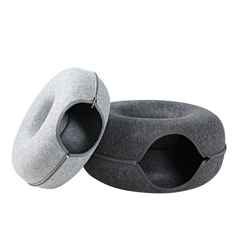KFX-4385469 Dual-Use Round Woolen Felt Cat Nest and Tunnel - Removable & Washable Interactive Training Toy in Grey