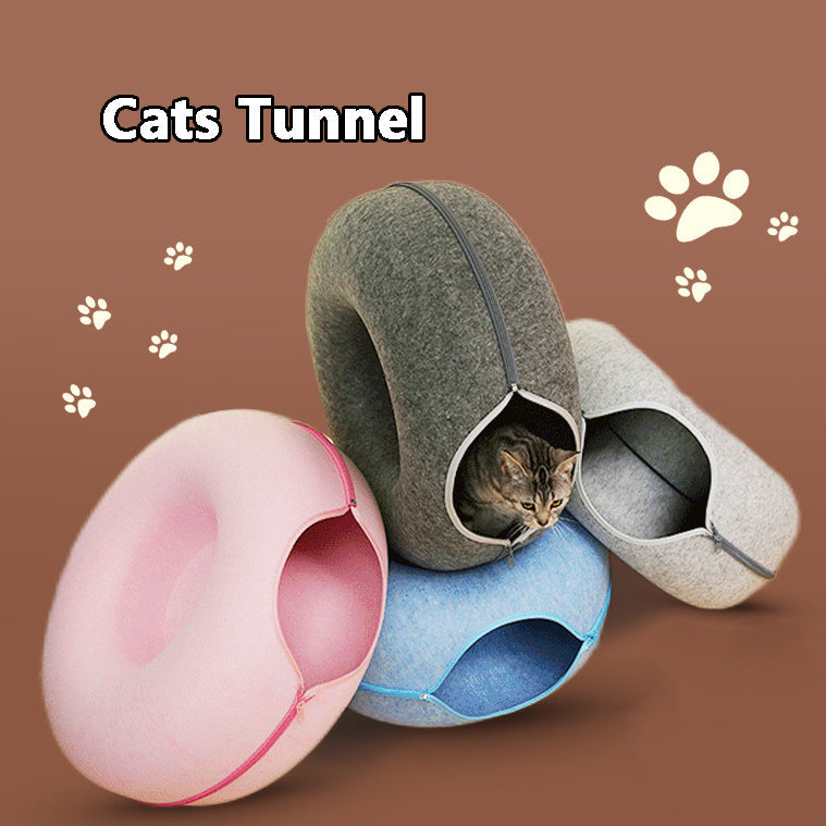 KFX-4385469 Dual-Use Round Woolen Felt Cat Nest and Tunnel - Removable & Washable Interactive Training Toy in Grey