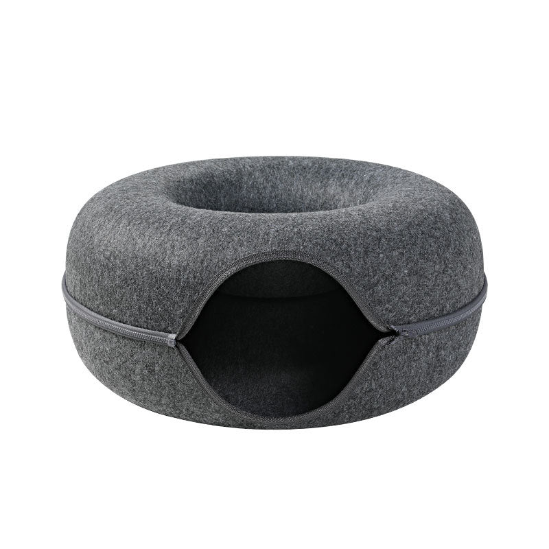 KFX-4385469 Dual-Use Round Woolen Felt Cat Nest and Tunnel - Removable & Washable Interactive Training Toy in Grey