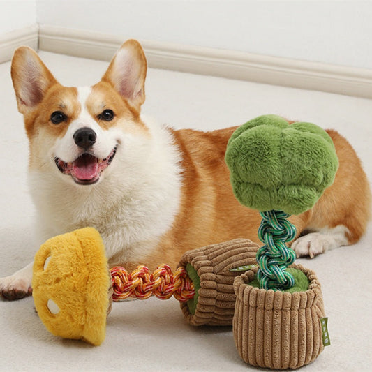 KFX-4387005 Durable Dog Teether Knot Toy - Bite-resistant Polyester in Mushroom and Broccoli Colors