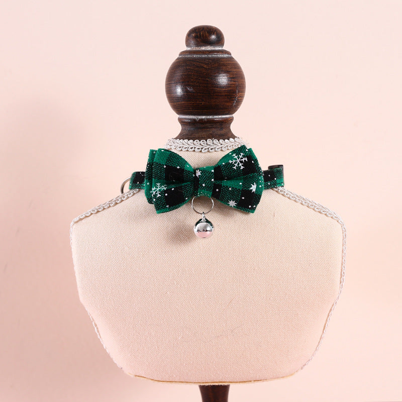 KFX-4388157 Adjustable Double-Layer Bow Snowflake Plaid Collar for Dogs and Cats with Bell, Holiday Accessory
