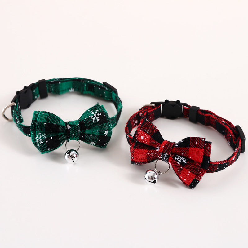 KFX-4388157 Adjustable Double-Layer Bow Snowflake Plaid Collar for Dogs and Cats with Bell, Holiday Accessory