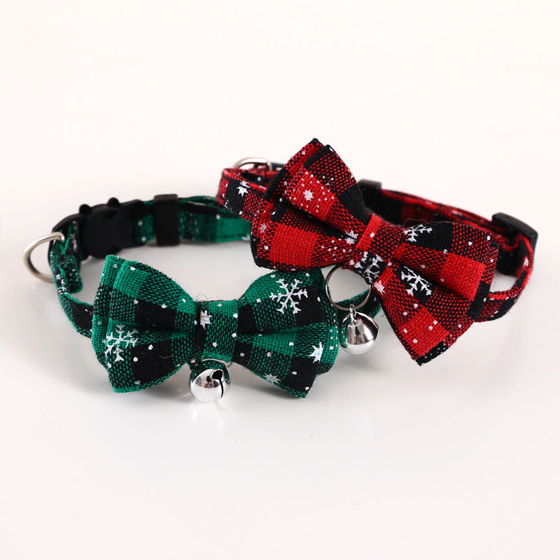 KFX-4388157 Adjustable Double-Layer Bow Snowflake Plaid Collar for Dogs and Cats with Bell, Holiday Accessory