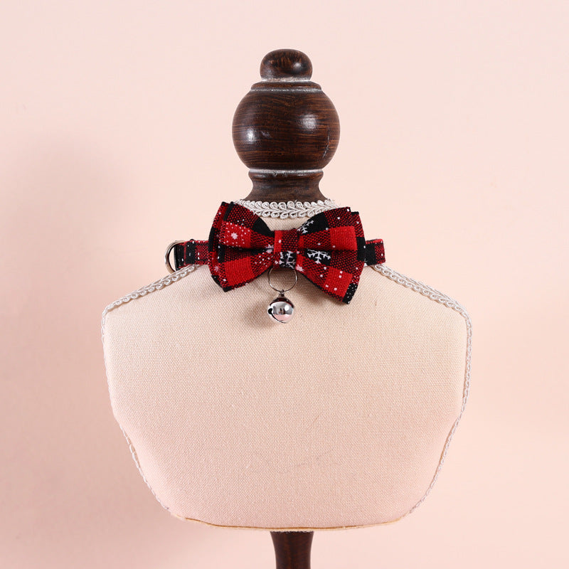 KFX-4388157 Adjustable Double-Layer Bow Snowflake Plaid Collar for Dogs and Cats with Bell, Holiday Accessory