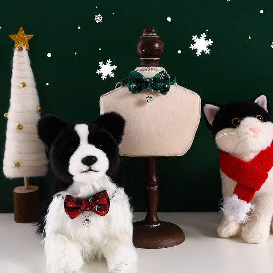 KFX-4388157 Adjustable Double-Layer Bow Snowflake Plaid Collar for Dogs and Cats with Bell, Holiday Accessory