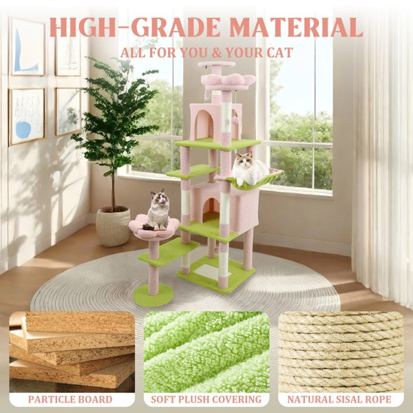 KFX-4389437 71-Inch Pink Flower Cat Tree with Spacious Condo, Removable Cushion, and Cozy Hammock