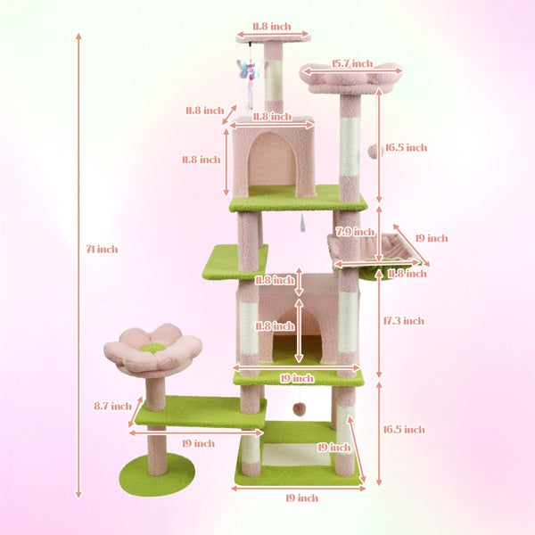 KFX-4389437 71-Inch Pink Flower Cat Tree with Spacious Condo, Removable Cushion, and Cozy Hammock