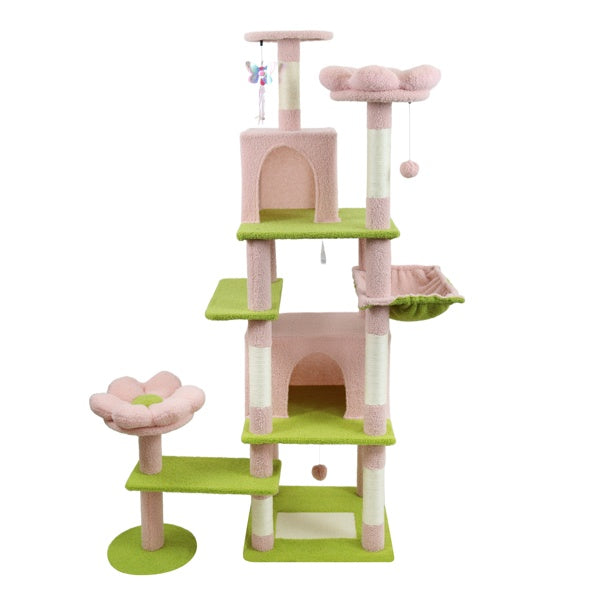 KFX-4389437 71-Inch Pink Flower Cat Tree with Spacious Condo, Removable Cushion, and Cozy Hammock