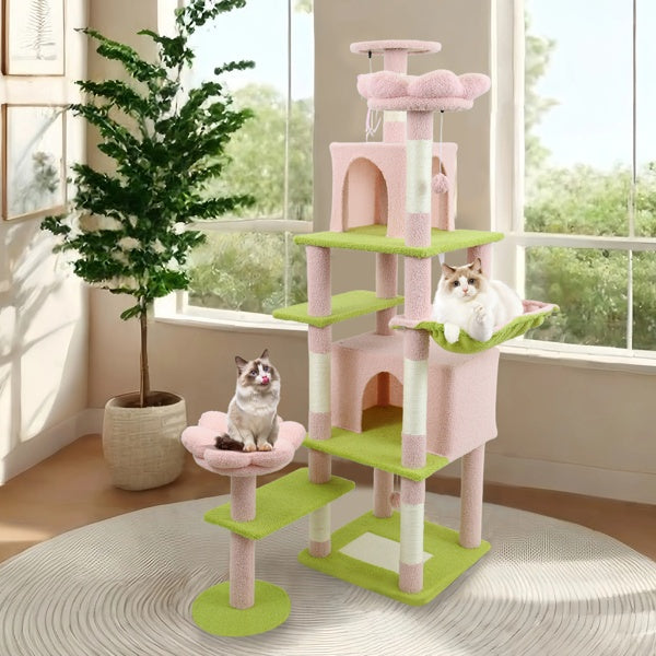 KFX-4389437 71-Inch Pink Flower Cat Tree with Spacious Condo, Removable Cushion, and Cozy Hammock
