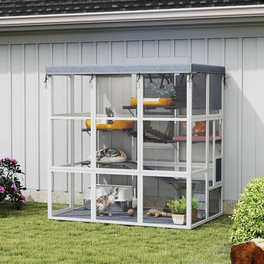 KFX-4390205 Large Outdoor Cat Enclosure with Hammock and Condo for 2-4 Cats, Gray Weather-Resistant Design